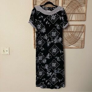 Vintage Leina'ala Hawaiian Dress Bamboo Asian Print Rayon Black Gray Sz S B13